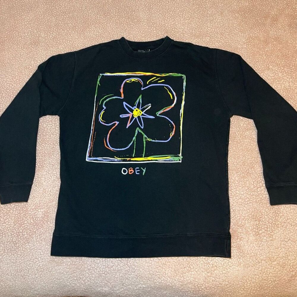 OBEY Crayon Men's Crewneck Sweatshirt Colorful Flower XXL Black Long Sleeve
